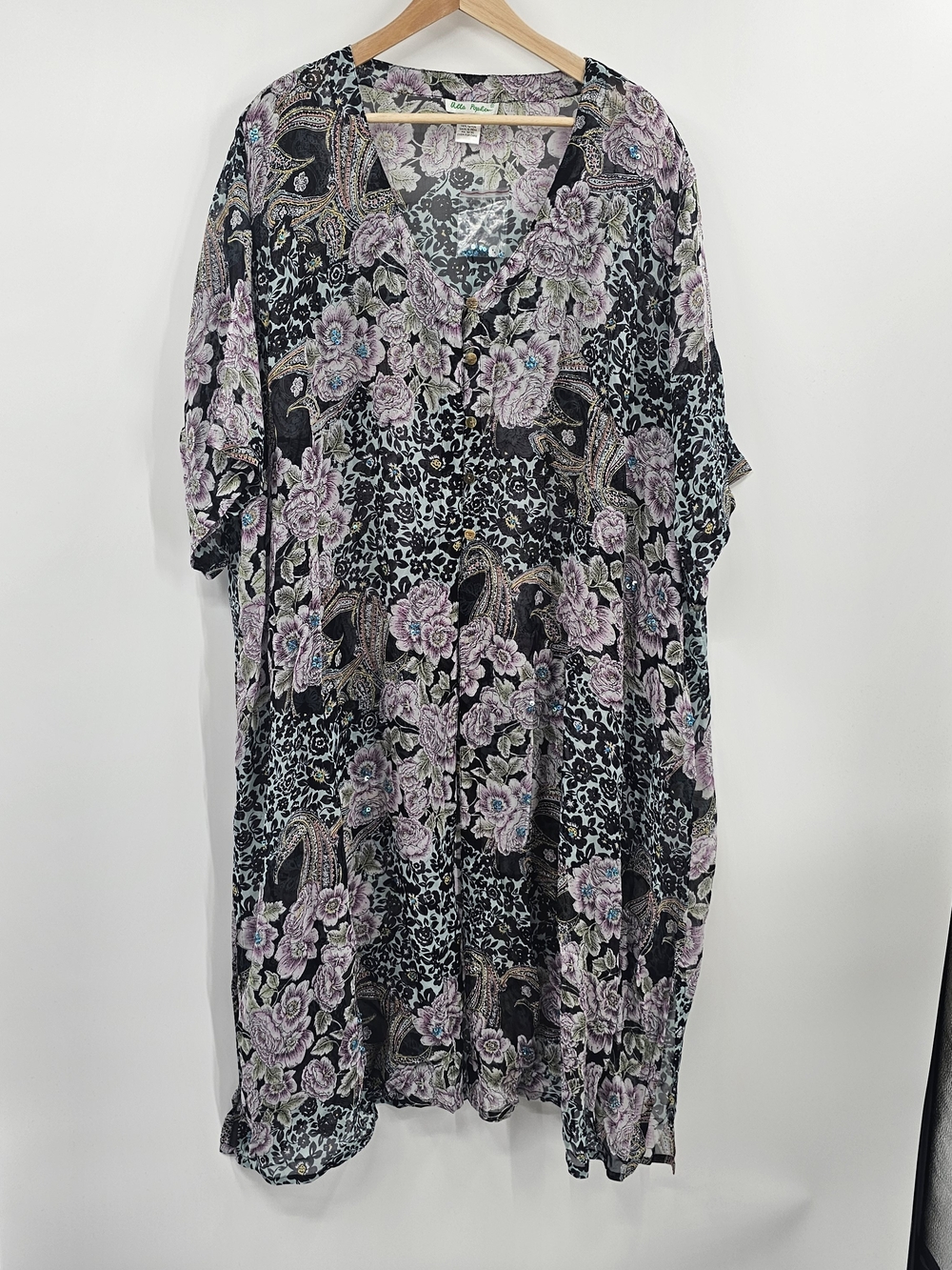 Ulla Popken Floral Sheer Lightweight Kimono - Black & Lavender NWOT Size 32/34
